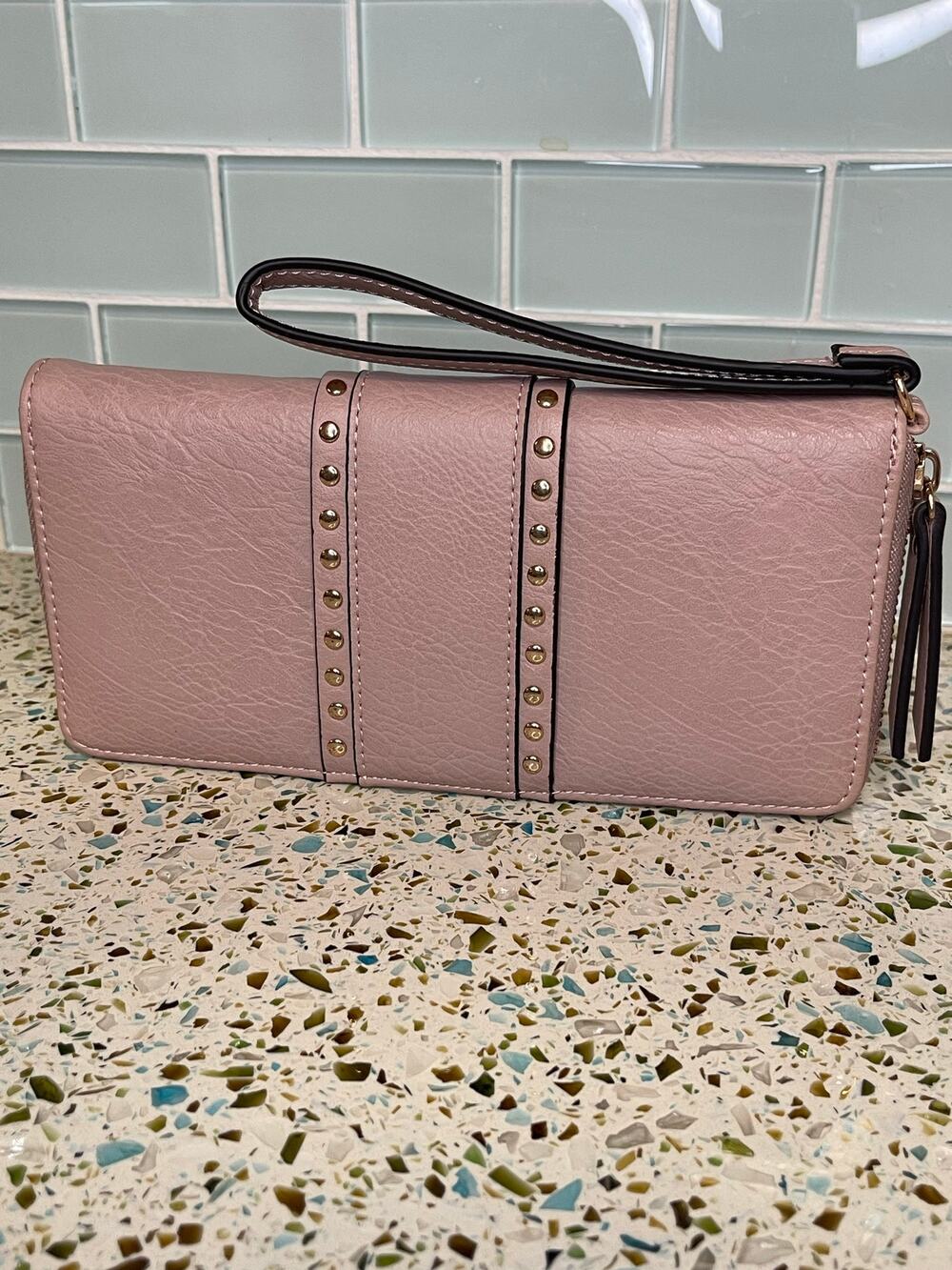 Dusty Pink Silver Studded Wristlet Wallet Zip Around Clutch Bag
